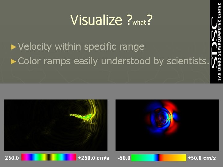 Visualize ? what? ► Velocity within specific range ► Color ramps easily understood by Visualize ? what? ► Velocity within specific range ► Color ramps easily understood by