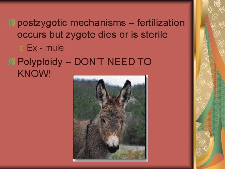 postzygotic mechanisms – fertilization occurs but zygote dies or is sterile Ex - mule
