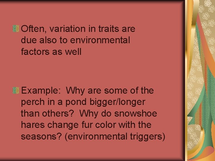 Often, variation in traits are due also to environmental factors as well Example: Why
