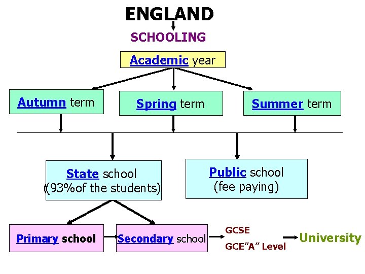 ENGLAND SCHOOLING Academic ---(1)--- year Autumn ---(2)--- term ---(3)--Spring term ---(5)--State school (93%of of