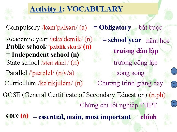 Activity 1: VOCABULARY Compulsory /kəm'pʌlsəri/ (a) = Obligatory bắt buộc Academic year /ækə'demik/ (n)