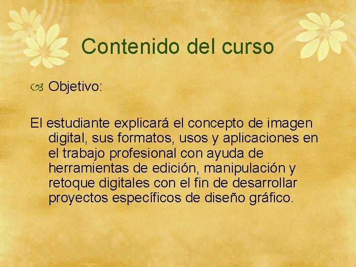 Contenido del curso Objetivo: El estudiante explicará el concepto de imagen digital, sus formatos,