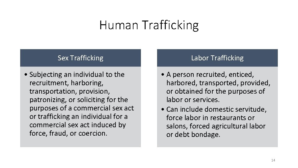 Human Trafficking Sex Trafficking Labor Trafficking • Subjecting an individual to the recruitment, harboring,