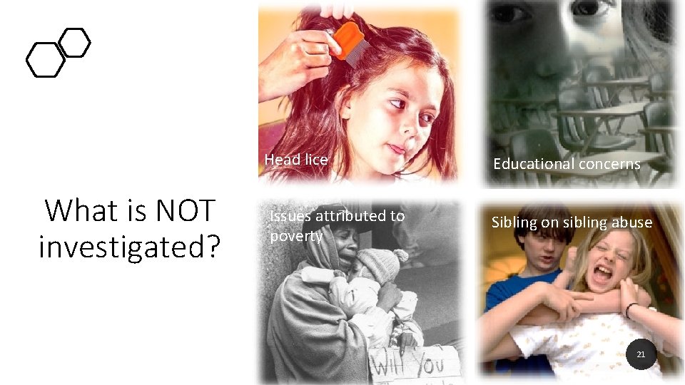 Head lice What is NOT investigated? Issues attributed to poverty Educational concerns Sibling on