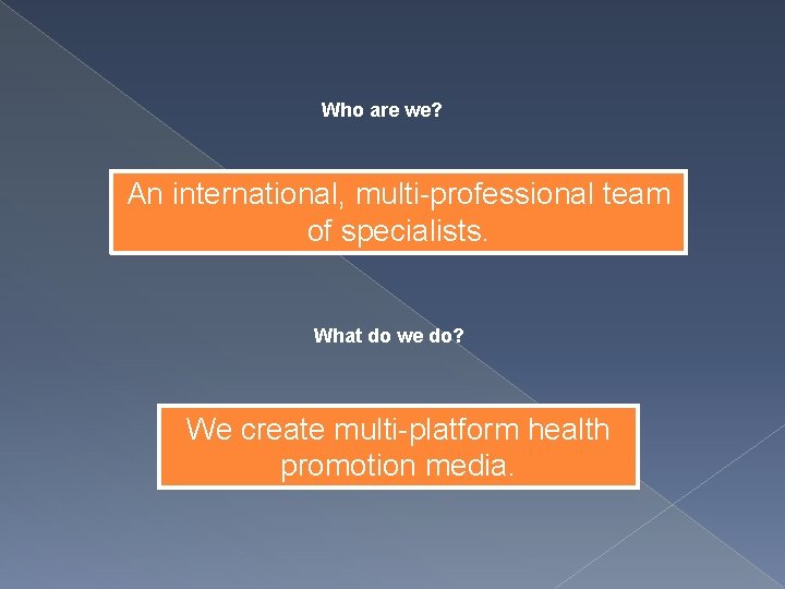 Who are we? An international, multi-professional team of specialists. What do we do? We