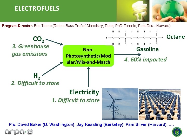 ELECTROFUELS Program Director: Eric Toone (Robert Bass Prof of Chemistry, Duke; Ph. D-Toronto; Post-Doc