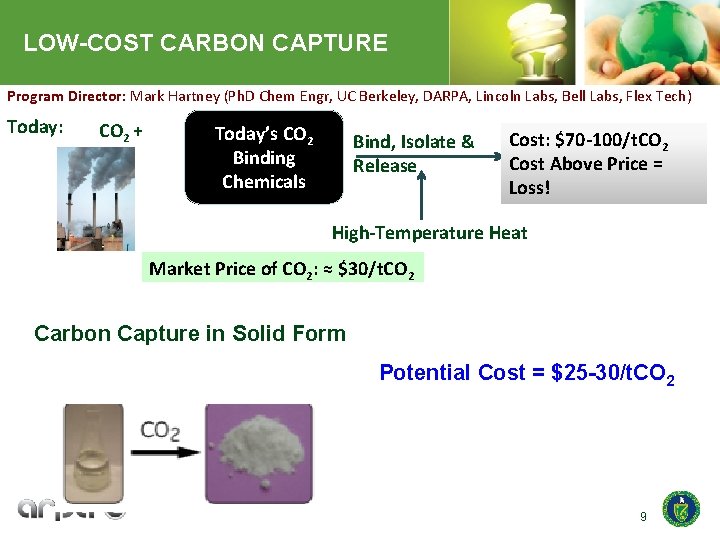 LOW-COST CARBON CAPTURE Program Director: Mark Hartney (Ph. D Chem Engr, UC Berkeley, DARPA,