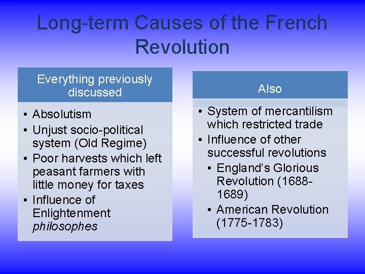 Long-term Causes of the French Revolution Everything previously discussed • Absolutism • Unjust socio-political