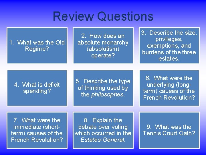 Review Questions 1. What was the Old Regime? 2. How does an absolute monarchy