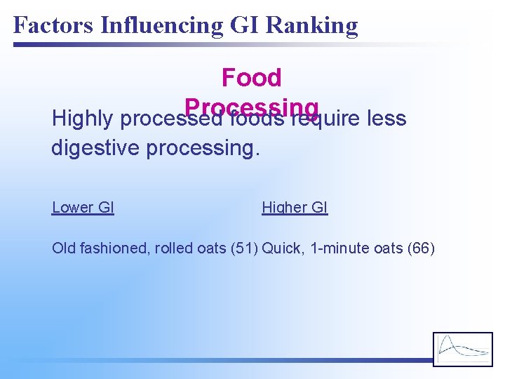 Factors Influencing GI Ranking Food Processing Highly processed foods require less digestive processing. Lower