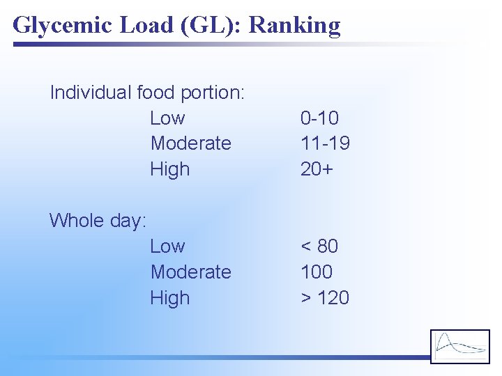 Glycemic Load (GL): Ranking Individual food portion: Low Moderate High 0 -10 11 -19