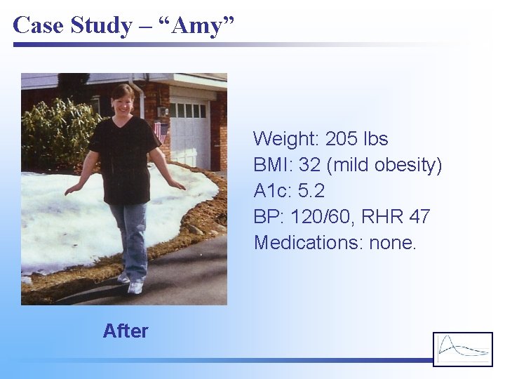 Case Study – “Amy” Weight: 205 lbs BMI: 32 (mild obesity) A 1 c: