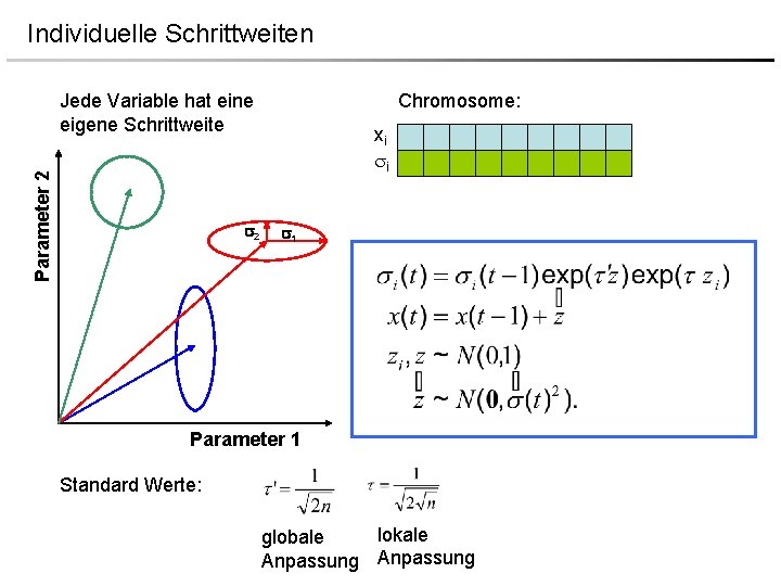 Individuelle Schrittweiten Parameter 2 Jede Variable hat eine eigene Schrittweite 2 Chromosome: xi i