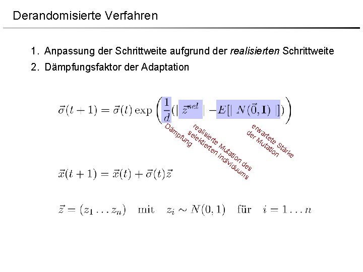 Derandomisierte Verfahren 1. Anpassung der Schrittweite aufgrund der realisierten Schrittweite 2. Dämpfungsfaktor der Adaptation