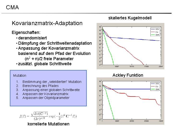 CMA Kovarianzmatrix-Adaptation skaliertes Kugelmodell Eigenschaften: • derandomisiert • Dämpfung der Schrittweitenadaptation • Anpassung der