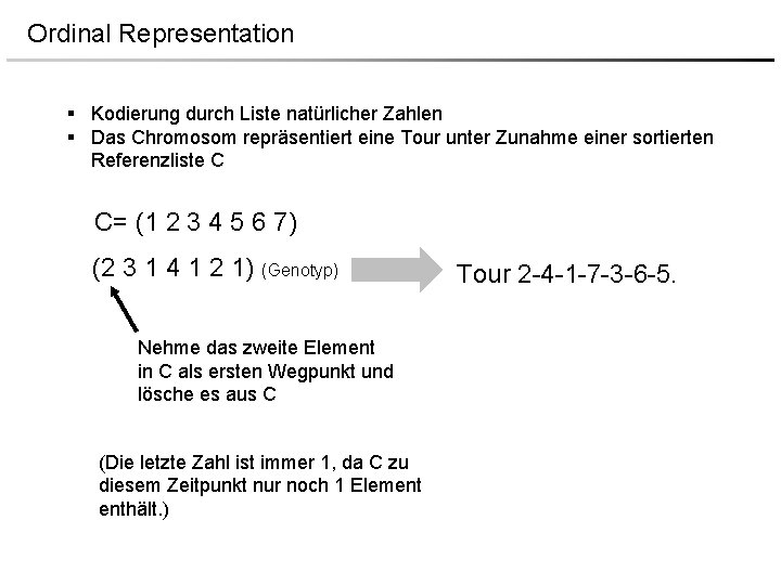 Ordinal Representation § Kodierung durch Liste natürlicher Zahlen § Das Chromosom repräsentiert eine Tour