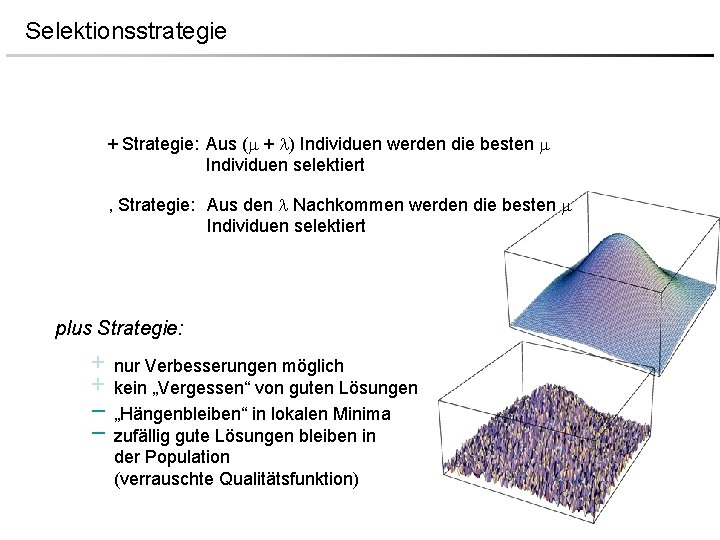 Selektionsstrategie + Strategie: Aus ( + ) Individuen werden die besten Individuen selektiert , Selektionsstrategie + Strategie: Aus ( + ) Individuen werden die besten Individuen selektiert ,