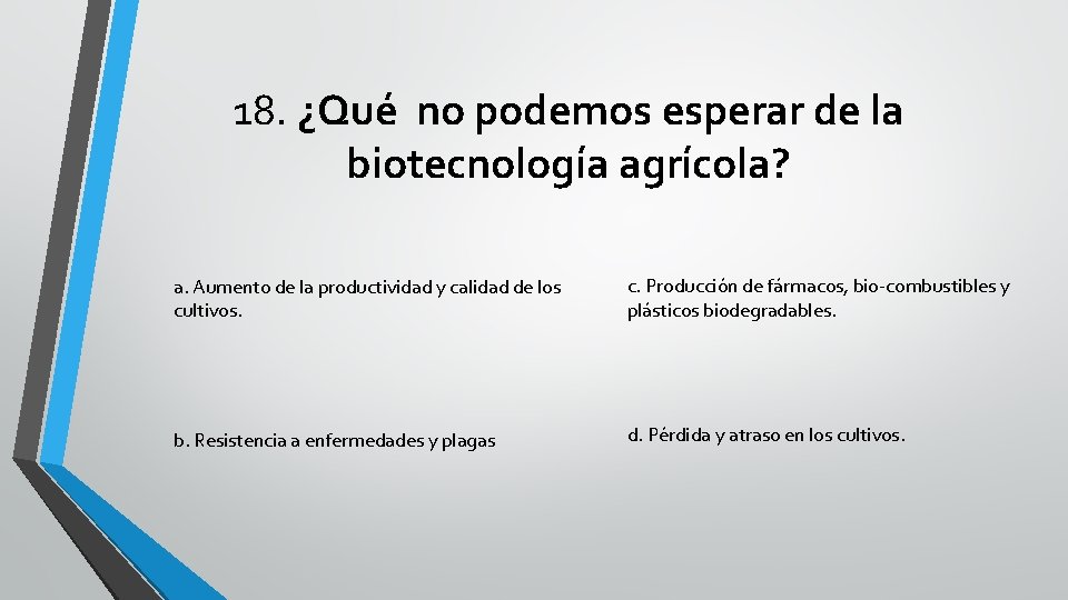 18. ¿Qué no podemos esperar de la biotecnología agrícola? a. Aumento de la productividad