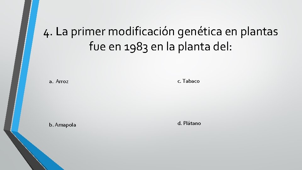 4. La primer modificación genética en plantas fue en 1983 en la planta del: