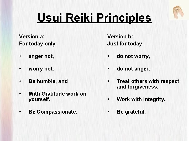 Usui Reiki Principles Version a: For today only Version b: Just for today •