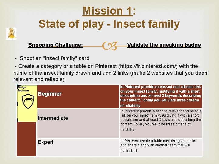 Mission 1: State of play - Insect family Snooping Challenge: Validate the sneaking badge