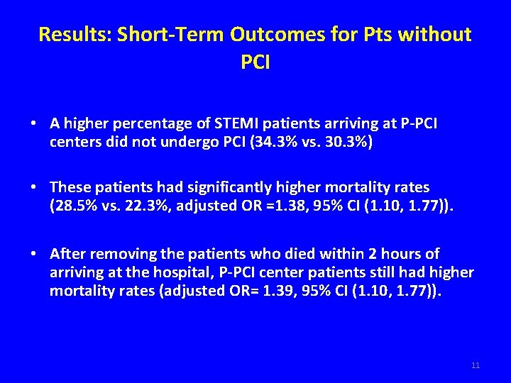 Results: Short-Term Outcomes for Pts without PCI • A higher percentage of STEMI patients