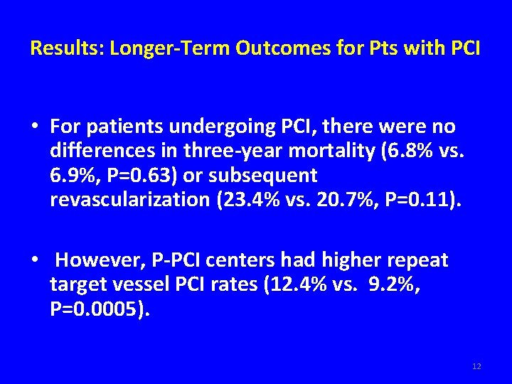 Results: Longer-Term Outcomes for Pts with PCI • For patients undergoing PCI, there were