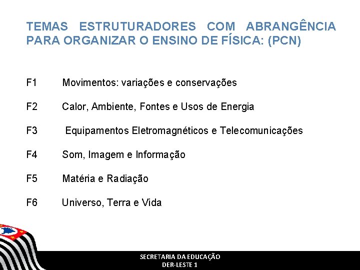 TEMAS ESTRUTURADORES COM ABRANGÊNCIA PARA ORGANIZAR O ENSINO DE FÍSICA: (PCN) F 1 Movimentos: TEMAS ESTRUTURADORES COM ABRANGÊNCIA PARA ORGANIZAR O ENSINO DE FÍSICA: (PCN) F 1 Movimentos: