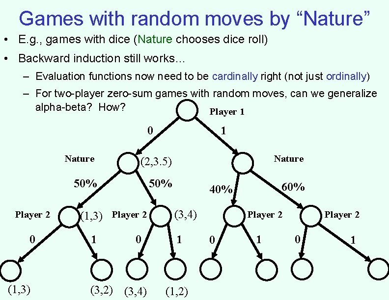Games with random moves by “Nature” • E. g. , games with dice (Nature