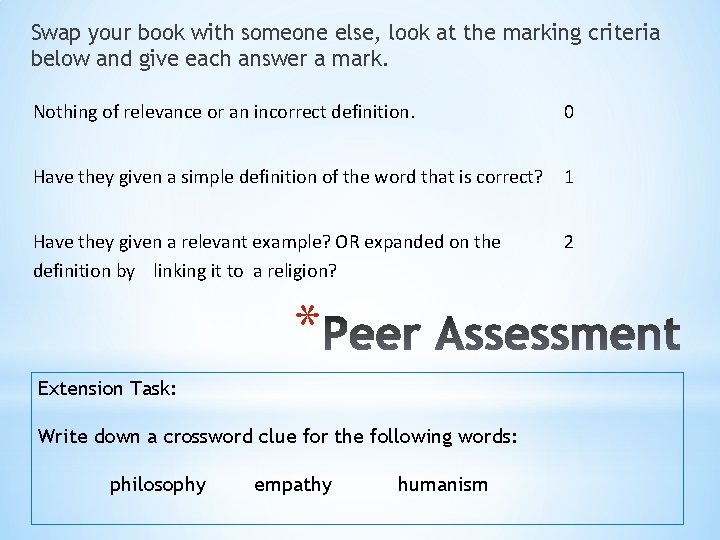 Swap your book with someone else, look at the marking criteria below and give