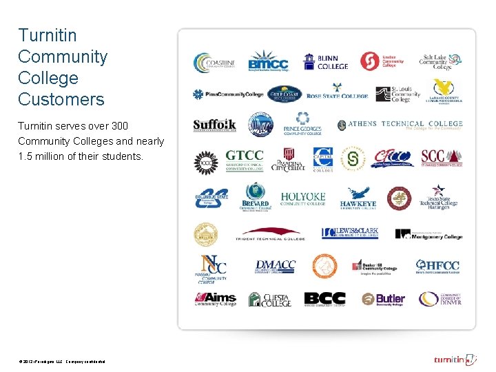 Turnitin Community College Customers Turnitin serves over 300 Community Colleges and nearly 1. 5 Turnitin Community College Customers Turnitin serves over 300 Community Colleges and nearly 1. 5