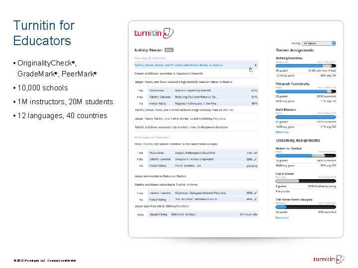 Turnitin for Educators • Originality. Check®, Grade. Mark®, Peer. Mark® • 10, 000 schools Turnitin for Educators • Originality. Check®, Grade. Mark®, Peer. Mark® • 10, 000 schools