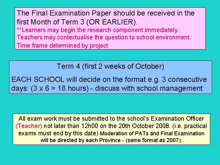 The Final Examination Paper should be received in the first Month of Term 3