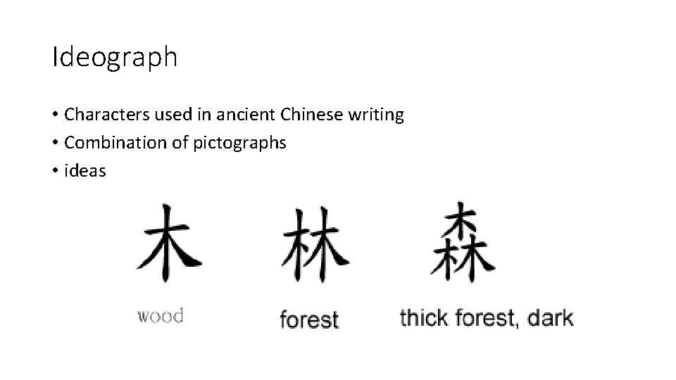 Ideograph • Characters used in ancient Chinese writing • Combination of pictographs • ideas