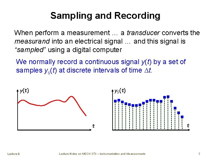 Sampling and Recording When perform a measurement … a transducer converts the measurand into