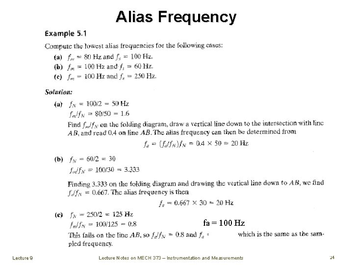 Alias Frequency fa = 100 Hz Lecture 9 Lecture Notes on MECH 373 –