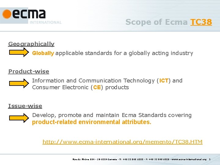 Scope of Ecma TC 38 Geographically Globally applicable standards for a globally acting industry