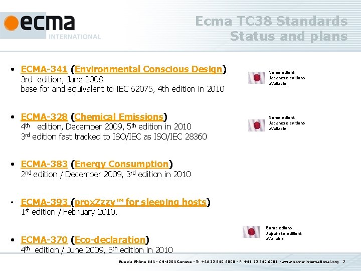 Ecma TC 38 Standards Status and plans • ECMA-341 (Environmental Conscious Design) 3 rd