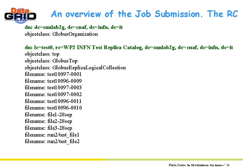 An overview of the Job Submission. The RC dn: dc=sunlab 2 g, dc=cnaf, dc=infn,