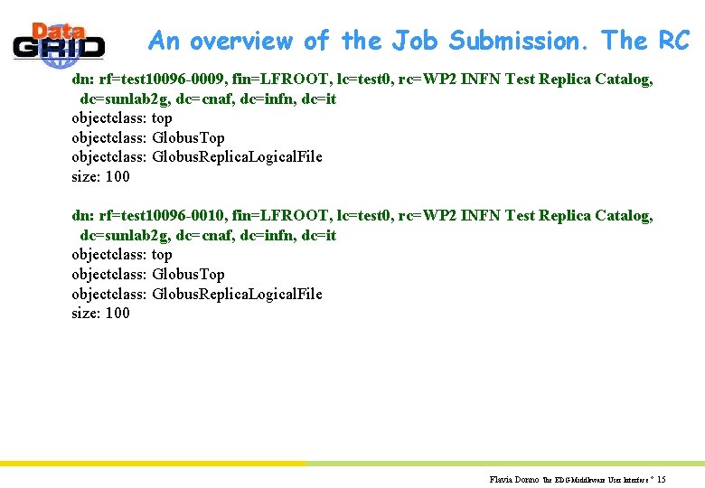 An overview of the Job Submission. The RC dn: rf=test 10096 -0009, fin=LFROOT, lc=test