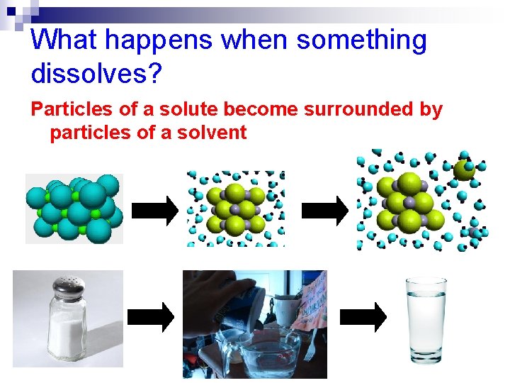 What happens when something dissolves? Particles of a solute become surrounded by particles of