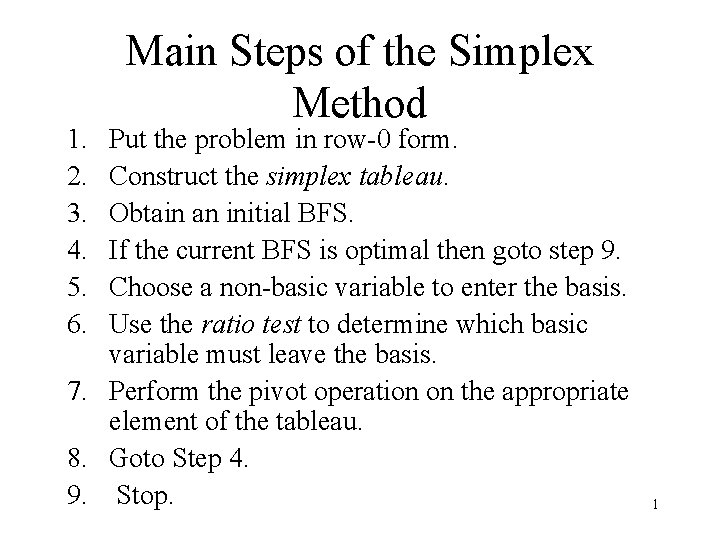 1. 2. 3. 4. 5. 6. Main Steps of the Simplex Method Put the