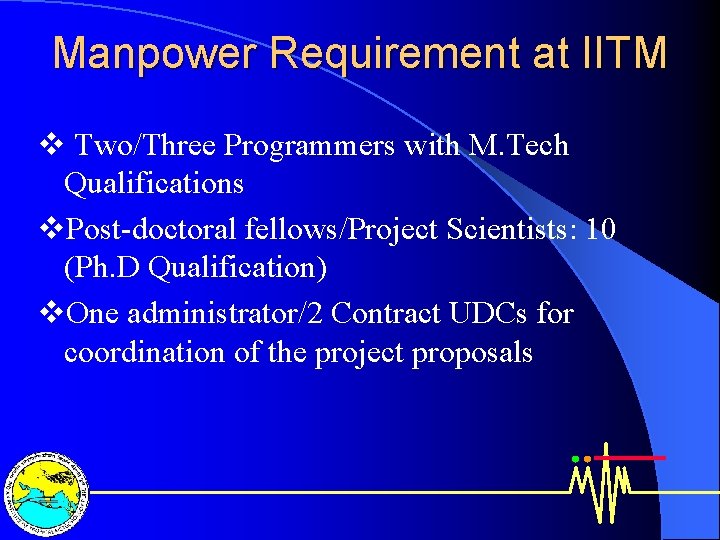 Manpower Requirement at IITM v Two/Three Programmers with M. Tech Qualifications v. Post-doctoral fellows/Project