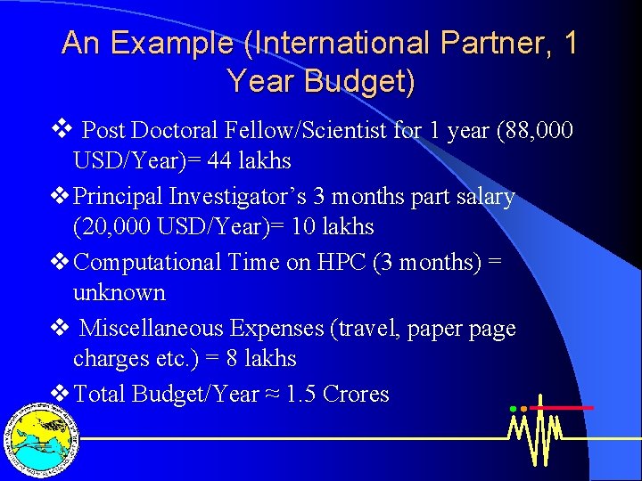 An Example (International Partner, 1 Year Budget) v Post Doctoral Fellow/Scientist for 1 year