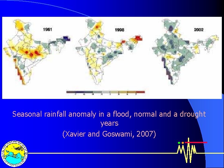 Seasonal rainfall anomaly in a flood, normal and a drought years (Xavier and Goswami,