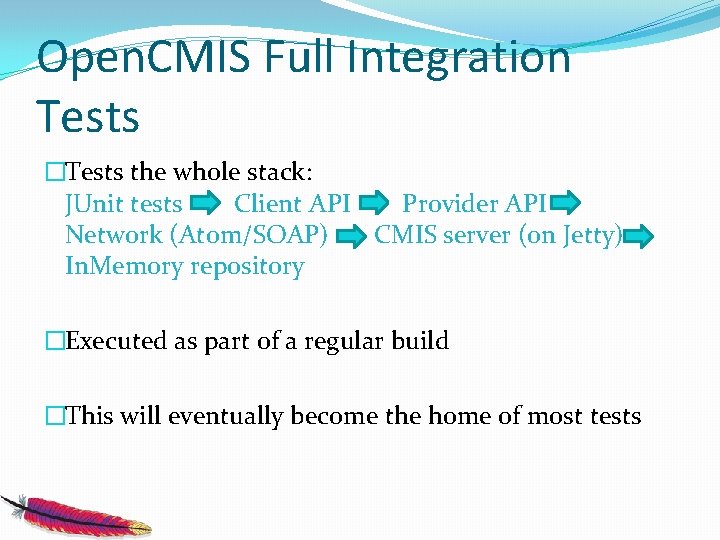 Open. CMIS Full Integration Tests �Tests the whole stack: JUnit tests Client API Provider