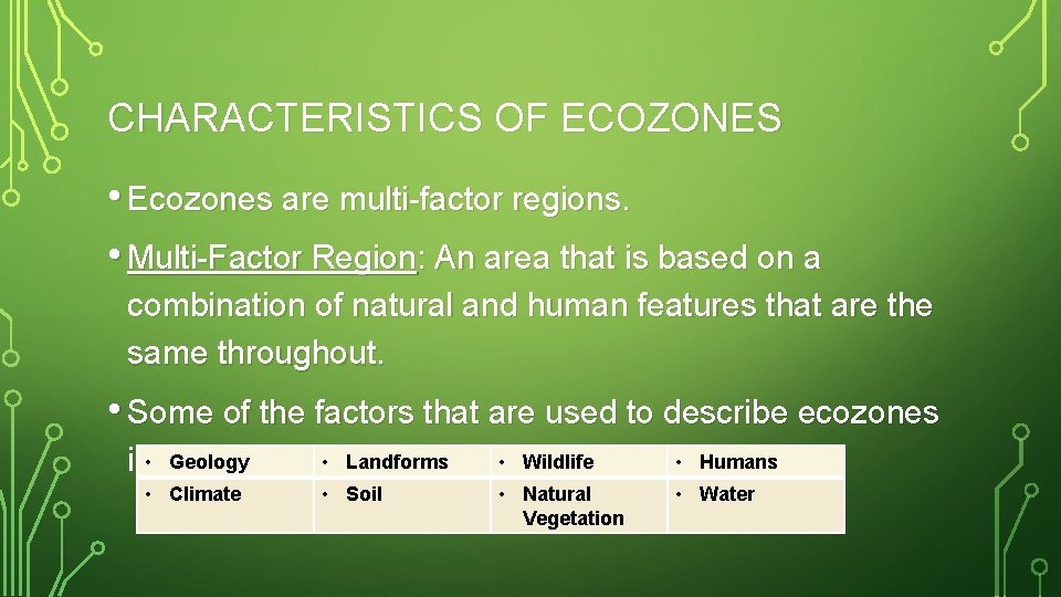 CHARACTERISTICS OF ECOZONES • Ecozones are multi-factor regions. • Multi-Factor Region: An area that