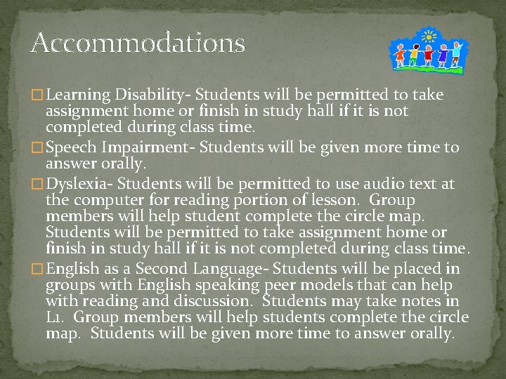 Accommodations � Learning Disability- Students will be permitted to take assignment home or finish