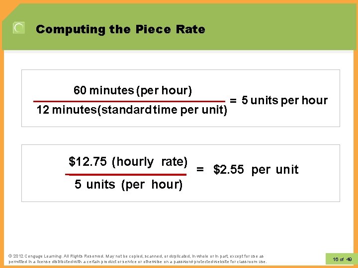 Computing the Piece Rate 60 minutes (per hour) 12 minutes(standard time per unit) $12.