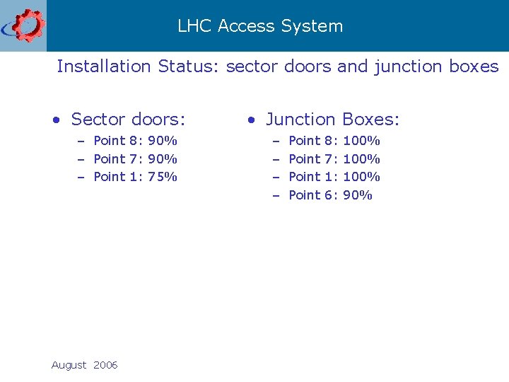 LHC Access System Installation Status: sector doors and junction boxes • Sector doors: –